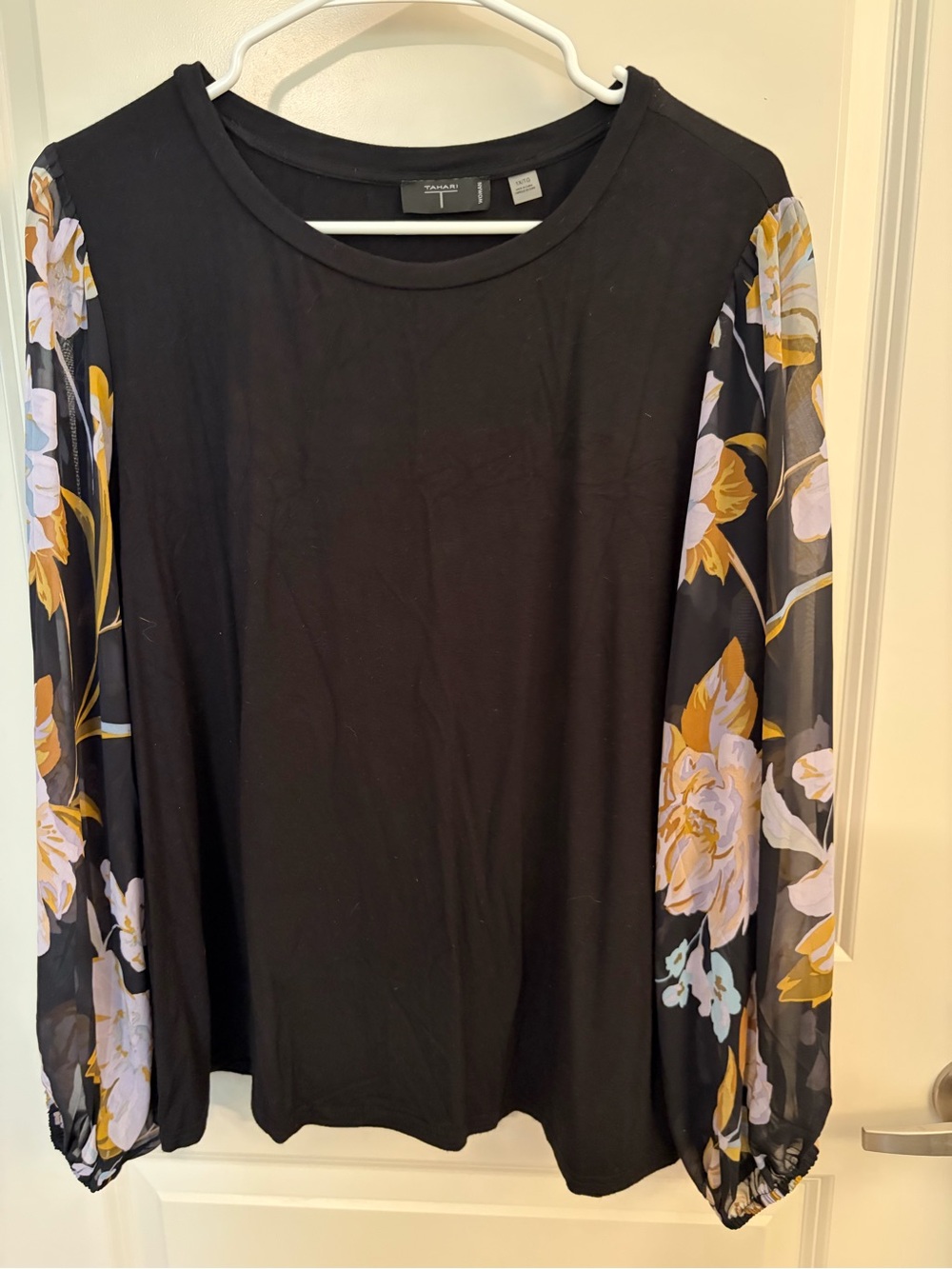 Tahari Black Top with Floral Sheer Long Sleeves